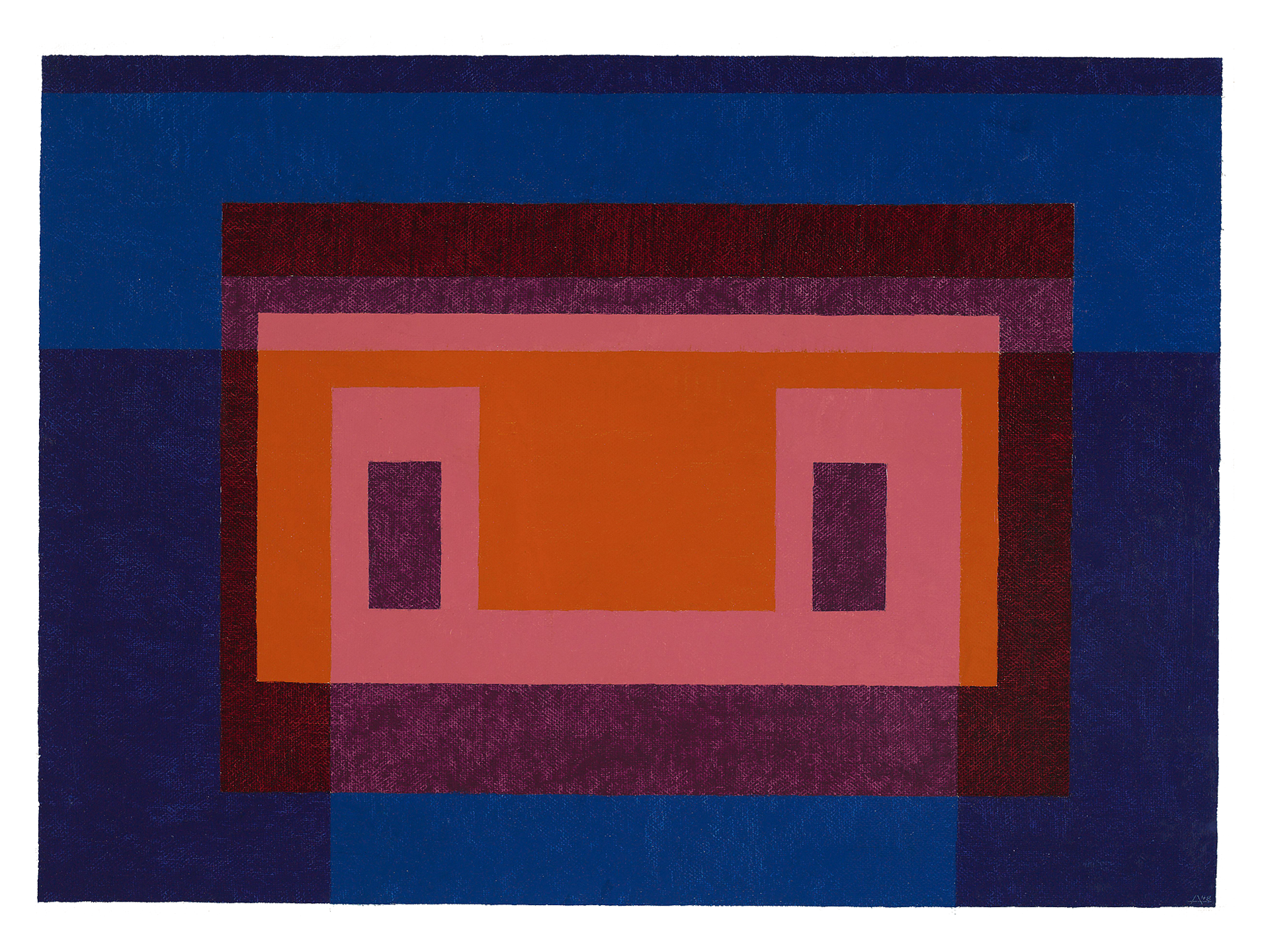 A painting by Josef Albers titled Variant / Adobe: 4 Central Warm Colors Surrounded by 2 Blues, dated 1948.